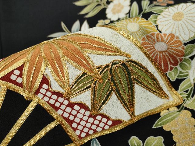 平和屋着物●豪華黒留袖 駒刺繍 扇面草花文 金彩 正絹 逸品 DABI9843ud