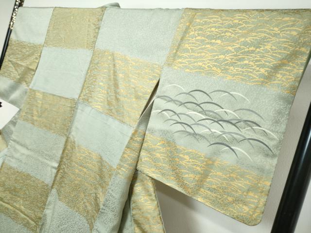 平和屋着物●人間国宝 福田喜三郎 訪問着 刺繍 格子雪芝文 金彩 正絹 逸品 DABI9849ud