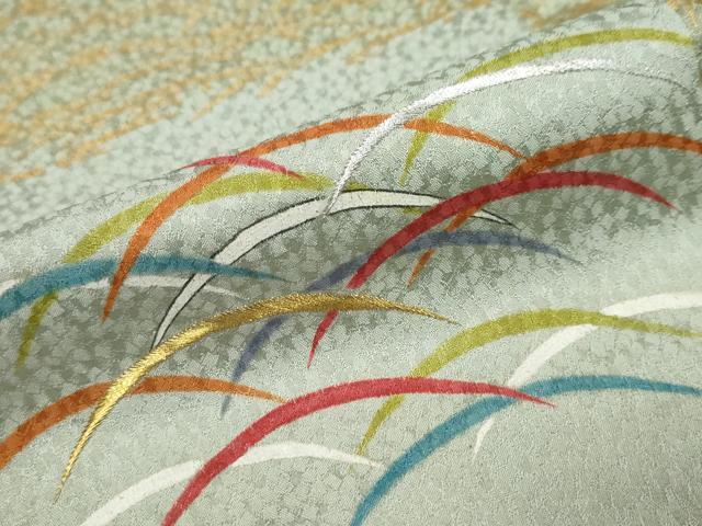 平和屋着物●人間国宝 福田喜三郎 訪問着 刺繍 格子雪芝文 金彩 正絹 逸品 DABI9849ud