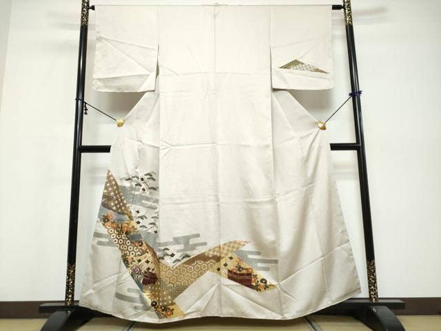 平和屋着物●訪問着 駒刺繍 吉祥風景草花文 金彩 正絹 逸品 未使用 DABI9867ud