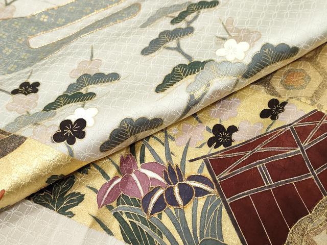 平和屋着物●訪問着 駒刺繍 吉祥風景草花文 金彩 正絹 逸品 未使用 DABI9867ud