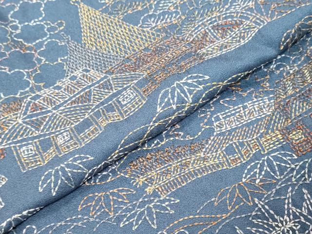 平和屋着物●訪問着 刺し子 総刺繍 風景花文 正絹 逸品 DABI9870ud