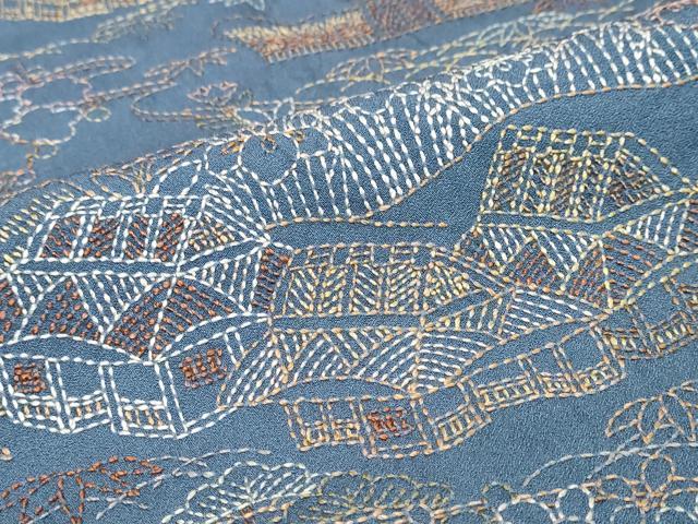 平和屋着物●訪問着 刺し子 総刺繍 風景花文 正絹 逸品 DABI9870ud