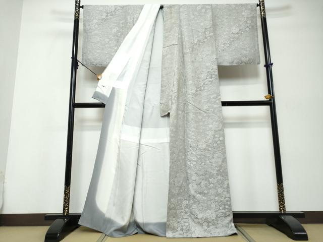 平和屋着物●山岡古都・古都染人 染織美術品 薬墨染 天目織 お召 雪輪草花文 反端付き 正絹 逸品 DABI9875ud