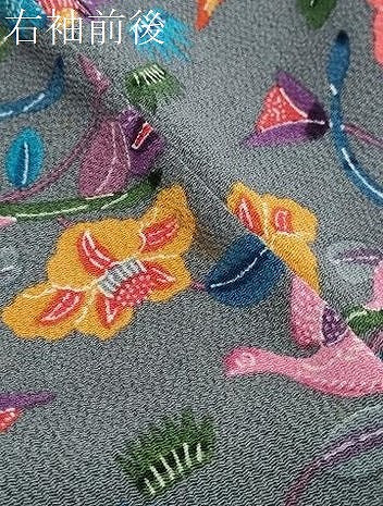 平和屋着物●上質な小紋 紅型 流水花鳥文 鬼しぼ縮緬 正絹 逸品 未使用 DABI9928ud