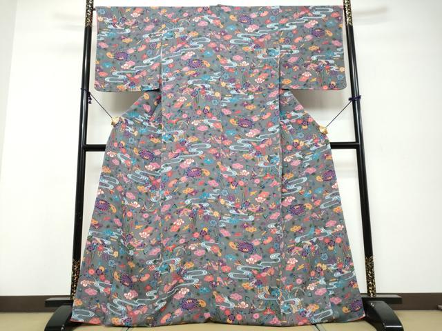 平和屋着物●上質な小紋 紅型 流水花鳥文 鬼しぼ縮緬 正絹 逸品 未使用 DABI9928ud