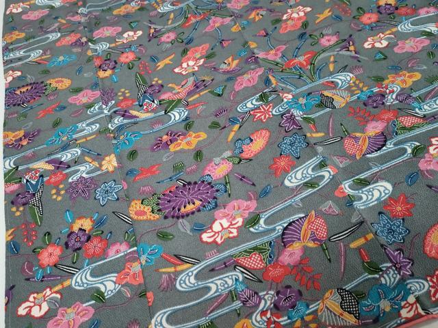平和屋着物●上質な小紋 紅型 流水花鳥文 鬼しぼ縮緬 正絹 逸品 未使用 DABI9928ud