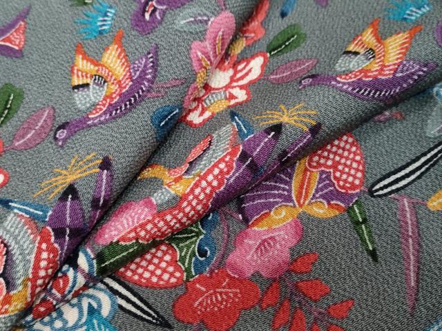 平和屋着物●上質な小紋 紅型 流水花鳥文 鬼しぼ縮緬 正絹 逸品 未使用 DABI9928ud