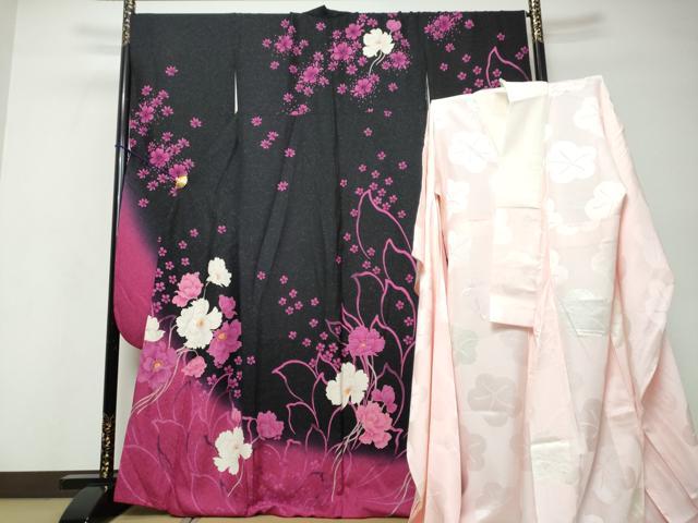 平和屋着物●豪華振袖・長襦袢(袷)セット 駒刺繍 草花文 暈し染め 銀通し地 正絹 逸品 DABI9951ud