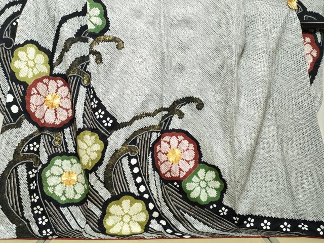 平和屋着物●豪華振袖 総絞り 駒刺繍 立波舞花文 黒地 金彩 正絹 逸品 DABI9982ud