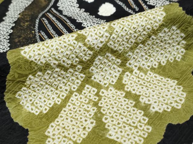 平和屋着物●豪華振袖 総絞り 駒刺繍 立波舞花文 黒地 金彩 正絹 逸品 DABI9982ud