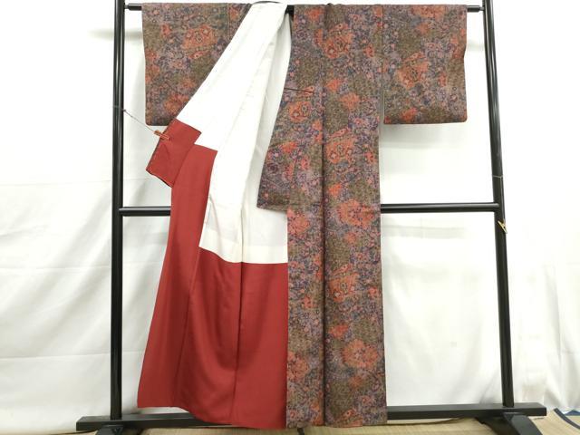 平和屋着物■上質な小紋 紬地 切嵌更紗花文 正絹 逸品 DABJ0010qa