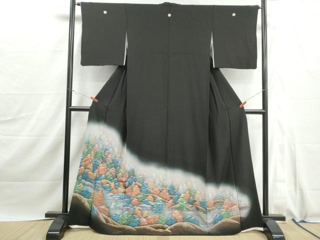 平和屋着物■豪華黒留袖 手描き 風景樹林文 暈し染め 正絹 逸品 DABJ0055qa