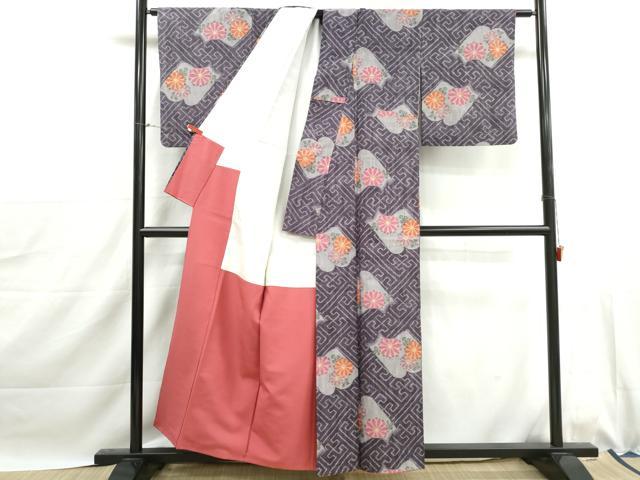 平和屋着物■上質な紬 紗綾形菊文 正絹 逸品 DABJ0058qa