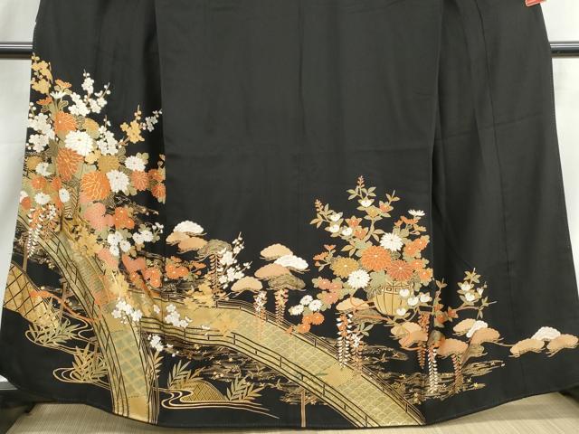 平和屋着物■豪華黒留袖 駒刺繍 渡橋風景花松文 金彩 正絹 逸品 DABJ0083qa