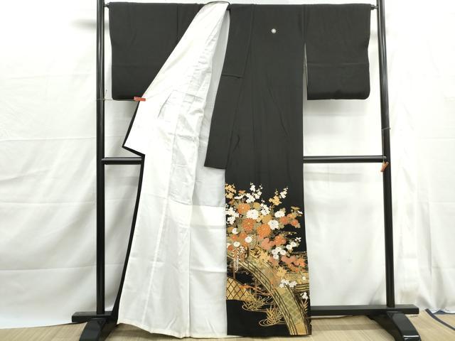 平和屋着物■豪華黒留袖 駒刺繍 渡橋風景花松文 金彩 正絹 逸品 DABJ0083qa