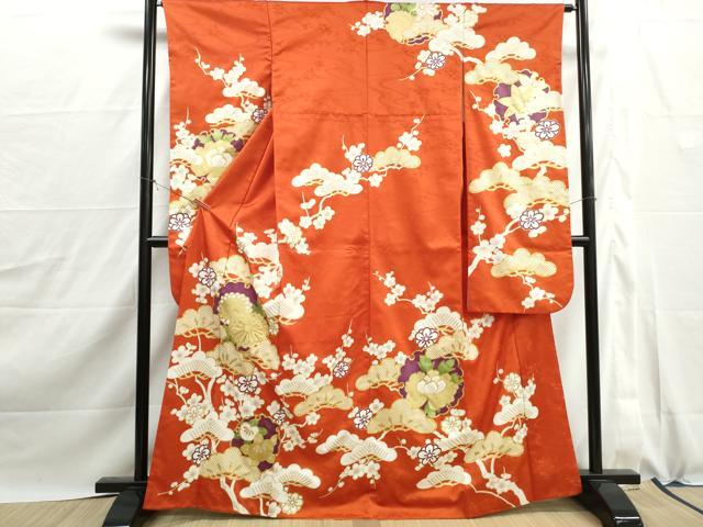 平和屋着物■振袖 駒刺繍 雪輪枝花松文 洗える着物 DABJ0130qa