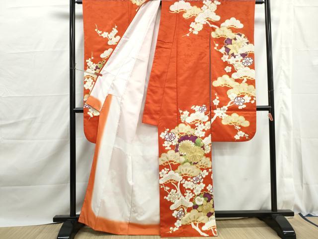 平和屋着物■振袖 駒刺繍 雪輪枝花松文 洗える着物 DABJ0130qa