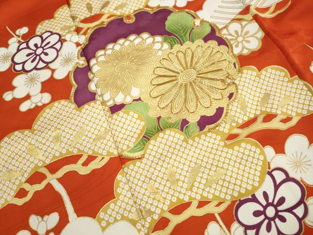 平和屋着物■振袖 駒刺繍 雪輪枝花松文 洗える着物 DABJ0130qa
