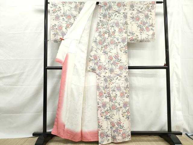 平和屋着物■上質な小紋 型染め 流水草花文 鬼しぼ縮緬 正絹 逸品 DABJ0157qa