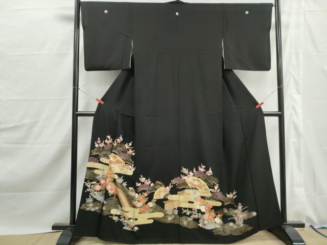 平和屋着物■豪華黒留袖 駒刺繍 渡橋扇面花文 金彩 正絹 逸品 DABJ0165qa