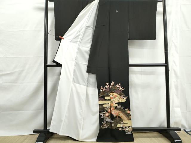 平和屋着物■豪華黒留袖 駒刺繍 渡橋扇面花文 金彩 正絹 逸品 DABJ0165qa