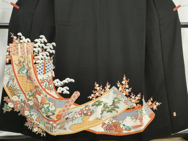 平和屋着物■豪華黒留袖 刺繍 絵巻花鳥文 鶴 金糸 正絹 逸品 DABJ0166qa