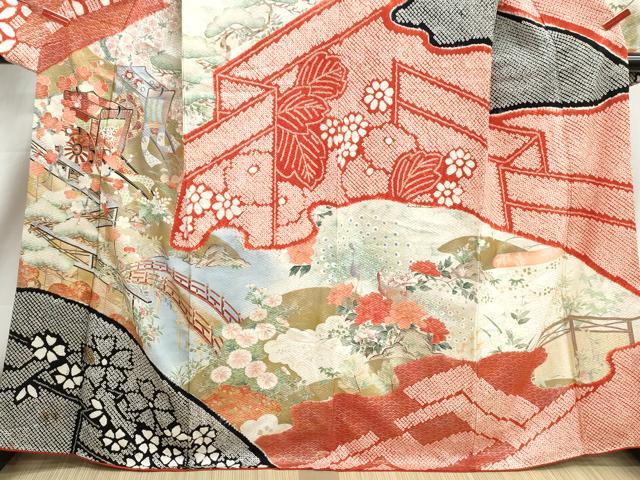 平和屋着物■豪華振袖 絞り 風景花鳥文 孔雀 金彩 正絹 逸品 DABJ0226qa
