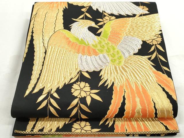 平和屋着物◎六通柄袋帯 花鳥文 鳳凰 黒地 金銀糸 正絹 逸品 DABJ0275qa