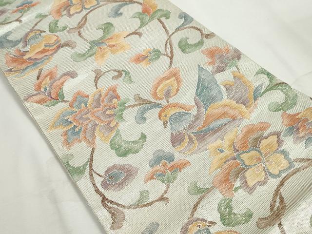 平和屋着物◎佐賀錦 六通柄袋帯 更紗花鳥文 銀糸 正絹 逸品 DABJ0296qa
