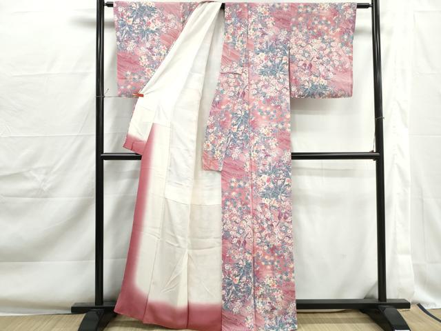 平和屋着物■上質な小紋 流水花鳥文 暈し染め 鬼しぼ縮緬 正絹 逸品 DABJ0334qa