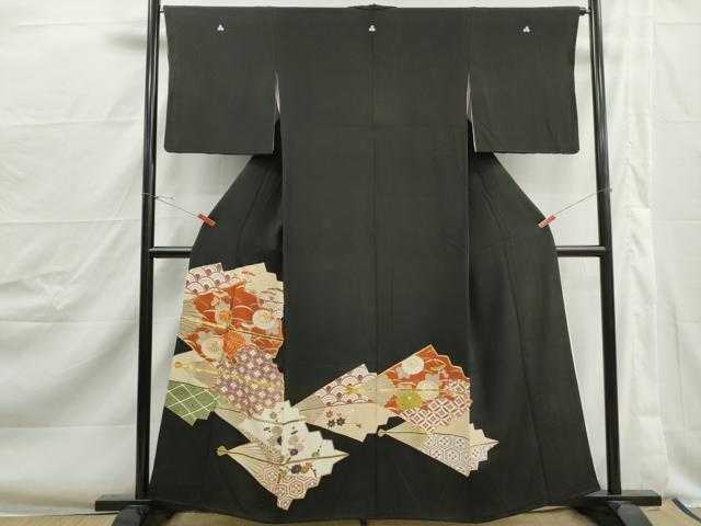 平和屋着物■豪華黒留袖 駒刺繍 扇面花文 金銀彩 正絹 逸品 DABJ0399qa