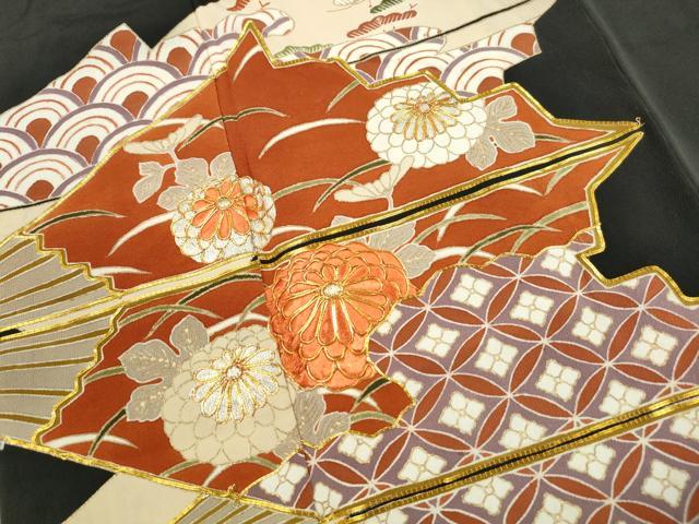 平和屋着物■豪華黒留袖 駒刺繍 扇面花文 金銀彩 正絹 逸品 DABJ0399qa