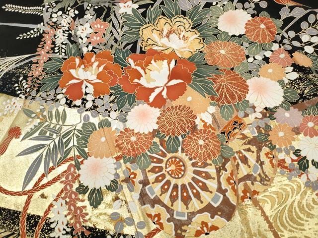 平和屋着物■豪華黒留袖 エ霞花文 牡丹 金彩 正絹 逸品 DABJ0402qa