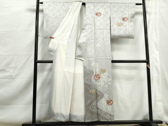 平和屋着物■訪問着 絞り 刺繍 流水草花文 金糸 正絹 逸品 DABJ0409qa