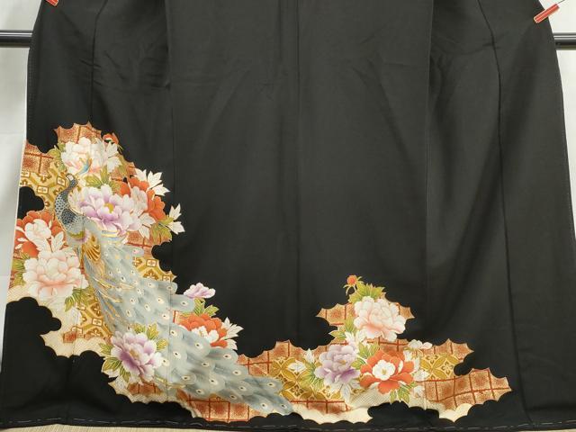 平和屋着物■豪華黒留袖 駒刺繍 孔雀花文 金彩 ロング丈 正絹 逸品 DABJ0423qa