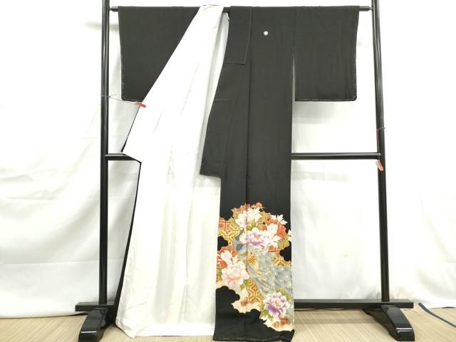 平和屋着物■豪華黒留袖 駒刺繍 孔雀花文 金彩 ロング丈 正絹 逸品 DABJ0423qa