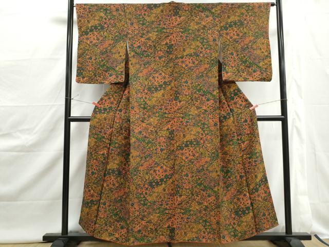 平和屋着物■上質な小紋 切嵌更紗花文 正絹 逸品 DABJ0519qa