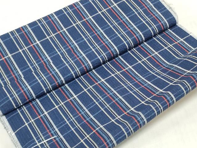 平和屋着物*夏物 阿波しじら織 浴衣 反物 着尺 正藍染 格子 証紙付き 綿 逸品 未使用 DABJ0648zy