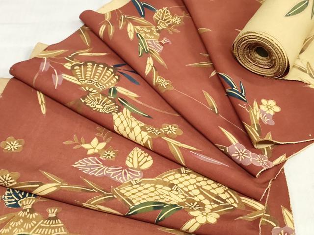 平和屋着物▼小紋 反物 着尺 型染め 籬草花文 逸品 未使用 DABJ0710zy