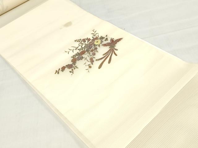 平和屋着物*夏物 名古屋帯 帯反物 螺鈿 草花文 花喰い鳥 銀彩 逸品 未使用 DABJ0826zy