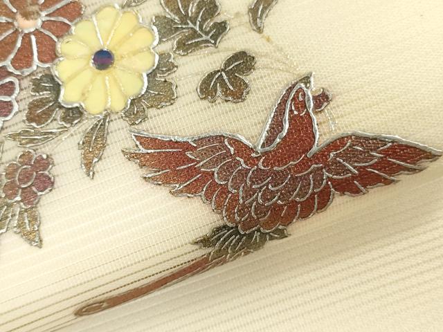 平和屋着物*夏物 名古屋帯 帯反物 螺鈿 草花文 花喰い鳥 銀彩 逸品 未使用 DABJ0826zy