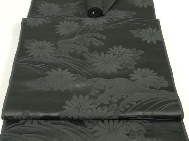 平和屋着物▼名古屋帯 帯反物 黒生地 立波舞花地紋 逸品 未使用 DABJ0860zy