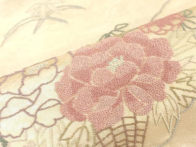 平和屋着物▼中国三大刺繍 相良刺繍 総刺繍 袋帯 帯反物 雪輪草花文 裏地付き 逸品 未使用 DABJ0862zy