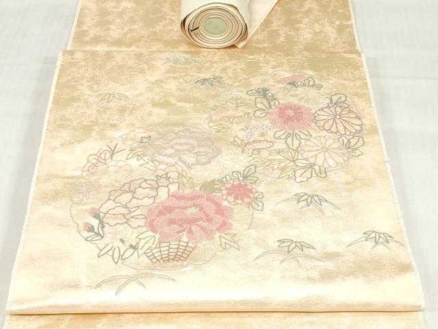 平和屋着物▼中国三大刺繍 相良刺繍 総刺繍 袋帯 帯反物 雪輪草花文 裏地付き 逸品 未使用 DABJ0862zy