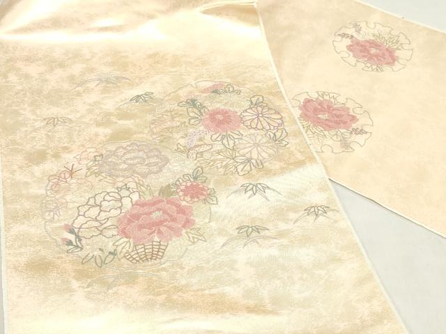 平和屋着物▼中国三大刺繍 相良刺繍 総刺繍 袋帯 帯反物 雪輪草花文 裏地付き 逸品 未使用 DABJ0862zy