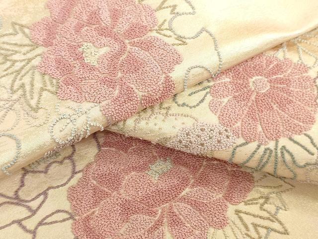 平和屋着物▼中国三大刺繍 相良刺繍 総刺繍 袋帯 帯反物 雪輪草花文 裏地付き 逸品 未使用 DABJ0862zy