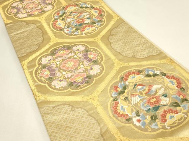 平和屋着物▼六通柄袋帯 唐織 正倉院亀甲花鳥文 金糸 正絹 逸品 DABJ1016az