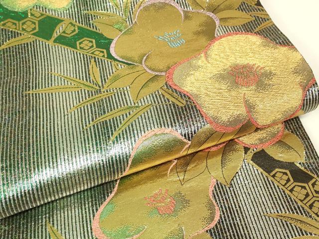 平和屋着物▼両面 六通柄袋帯 笹竹花文 金糸 正絹 逸品 DABJ1024az