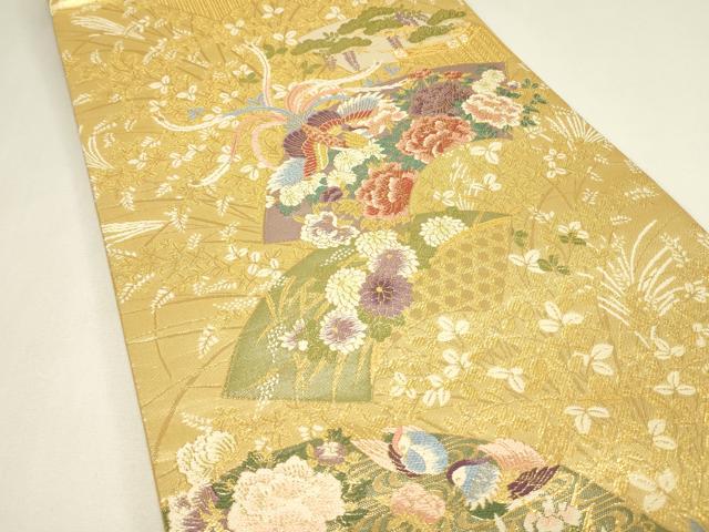平和屋着物▼六通柄袋帯 蒔絵 地紙鳳凰花文 金糸 正絹 逸品 DABJ1029az